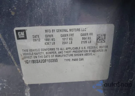 2013 Chevrolet Malibu 1Ls z USA, uszkodzony, nr VIN 1G11B5SA2DF160393